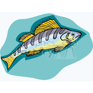 The clipart image features a stylized fish with a pattern of stripes along its body, a prominent dorsal fin, and a yellow-tipped tail fin swimming against a light blue background suggestive of water. 