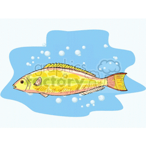 This clipart image features a cartoon-style illustration of a yellow and green fish with air bubbles around it, set against a blue water-like backdrop.