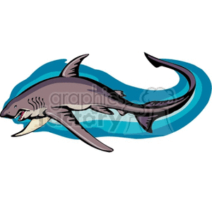 The image is a clipart of a shark, which is a type of fish, swimming in the ocean. The shark has a prominently displayed dorsal fin, sharp teeth, and is depicted in motion with a stylized wave-like background that suggests movement through water.