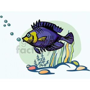 This clipart image features a stylized, colorful tropical fish swimming underwater. Bubbles are rising from the seabed, which is decorated with stones and aquatic plants. The fish appears to be in motion, with its fins and tail showing dynamics indicative of swimming.