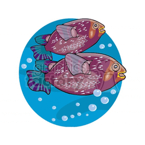 This is a clipart image featuring two stylized tropical fish swimming in water. They are depicted with vibrant colors and patterns and are surrounded by bubbles, suggesting an underwater scene.