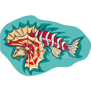 This is a colorful clipart image of a stylized tropical fish. The fish features bold stripes and an exaggerated, fan-like fin structure that suggests it might be inspired by an exotic or tropical species.