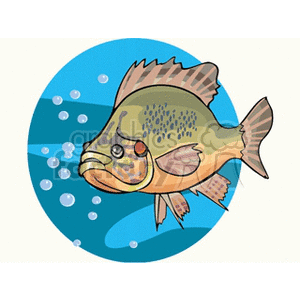 This clipart image depicts a cartoon fish swimming underwater. The fish appears to be colorful with patterns on its body, and it is surrounded by bubbles, suggesting it is underwater.