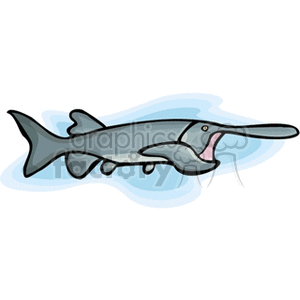 The image is a cartoon representation of what appears to be a swordfish or a similar type of billfish, characterized by its elongated, pointed bill. It has a streamlined body shape typical of many fast-swimming fish, with a dorsal fin and a tail fin. The fish is depicted in shades of gray with a hint of pinkish coloration near the mouth, set against a light blue, wavy background suggestive of water.