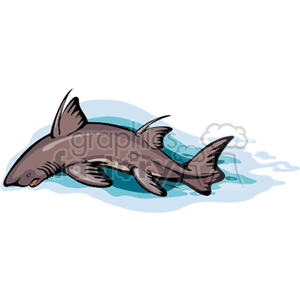 This clipart image depicts a cartoon of a shark-like fish swimming in water. The animal is colored in shades of grey with lighter underbelly, featuring the distinctive fins and tail characteristic of sharks.