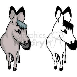 The image depicts two stylized illustrations of donkeys. Both donkeys are presented from a profile view. The donkey on the left is colored with shades of gray and has a small patch of blue on its mane. The donkey on the right is outlined in black, with no fill color, presenting a monochrome outline or silhouette.