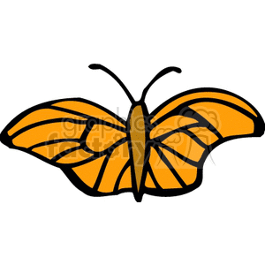 A clipart image of an orange butterfly with black outlines and a brown body, featuring a stylized and simplistic design.