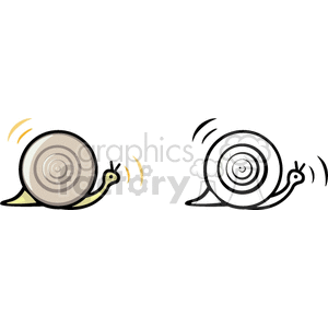 The image depicts two cartoon-style snails. Each snail has a coiled shell on its back, a head with antennas, and a simplified body representing its foot, which is typical of gastropod mollusks. They appear animated with little motion lines around their heads suggesting movement or expression.