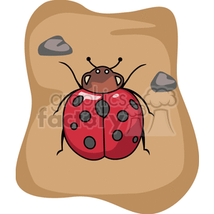 A clipart image of a red ladybug with black spots sitting on a brown surface with two small rocks.