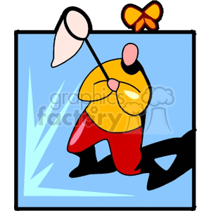 Clipart image of a person wearing a yellow shirt and red pants catching a butterfly with a net.