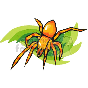 The clipart image features a stylized cartoon representation of a spider. The spider is depicted with an exaggerated, smooth body and bright colors, including orange and yellow, with accents of black. It has eight legs, traditional for spiders, and is shown on top of green leaves, indicating it might be situated in a natural, leafy environment.