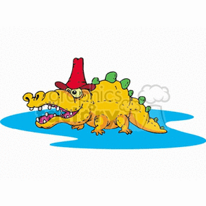 This clipart image displays a cartoon crocodile with a playful design. The crocodile is yellow with green scales along its back and is wearing a red hat. The animal is also portrayed with a wide-open mouth and a toothy grin, hinting at a cheerful or mischievous character. It appears to be lying on a blue surface, which could be water, indicating the crocodile's natural aquatic habitat.