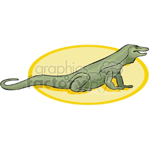 The clipart image features a green, stylized lizard with a long tail and body, visible limbs, and an elongated head. It's depicted on a yellow oval-shaped background.