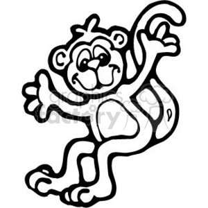 The image is a black and white clipart of a monkey. The monkey appears to be in a playful or welcoming pose, with one arm extended outward as if waving hello. It has a cheerful facial expression, adding to the friendly and funny character of the image. This type of image might be used in educational materials, greeting cards, or as a fun decoration.