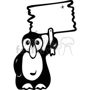 This is a black-and-white clipart image featuring a stylized cartoon penguin. The penguin is holding a sign in one of its flippers, which is blank and could be used to write a message or add additional graphics. The penguin appears to be standing and looking forward with a friendly or neutral expression.