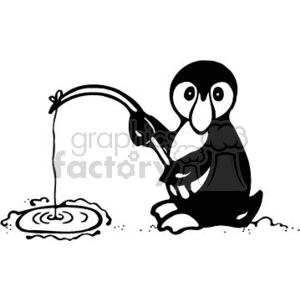 The clipart image depicts a stylized cartoon of a penguin engaging in fishing. The penguin is sitting on ice, holding a fishing rod with a line extending into a hole in the ice, indicating the practice of ice fishing. The image is simple, using black and white colors to depict the scene associated with animals and activities typically found in cold, polar regions.