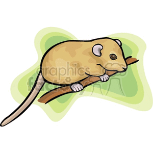 The clipart image depicts a cartoon representation of a mouse. The mouse is light brown with darker spots, and it appears to be perched on a branch or stick, with a green abstract pattern in the background.
