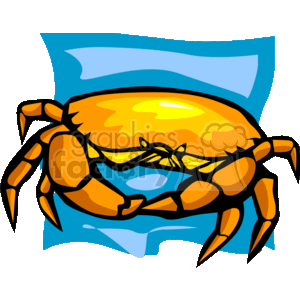 The clipart image shows a stylized cartoon crab with a predominant orange color. The background features two shades of blue, suggesting an aquatic environment, like water.