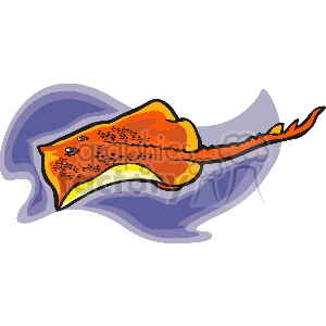 A colorful clipart illustration of a stingray with orange and yellow hues, swimming against a purple backdrop.