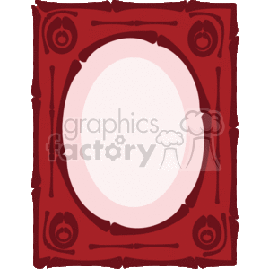 The image is a clipart of a decorative frame or border. It has a red color with ornate details, including what appears to be rosette motifs and linear accents. The actual frame borders an oval-shaped blank or lighter space in the center, which could be used to insert text, a picture, or some other element. The style suggests a classic or vintage look, which could be suitable for formal documents, certificates, or design projects seeking to evoke an elegant aesthetic.