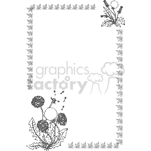 The image is a black and white clipart featuring decorative borders that are filled with various plant and flower patterns. The borders are present on all four sides of a rectangular frame. The prominent design at the bottom left corner looks like a dandelion with several seed heads, some of which are dispersing seeds into the air. Along the bottom and right side, there is a continuous pattern of small individual flowers or floral motifs. The top border appears to have a simpler, repetitive floral pattern. This style of border is often used to frame text or images in a decorative way, particularly for certificates, pages in a book, invitations, or other formal documents.
