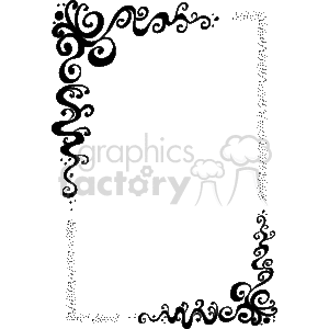The clipart image shows an ornate border or frame with decorative swirls and dots. The design is black and features intricate curlicues and accents that decorate the edges of the border, providing an elegant outline that could be used to frame text or images for various design purposes. The border is mostly concentrated on the corners with a lighter design connecting the corners on the sides.