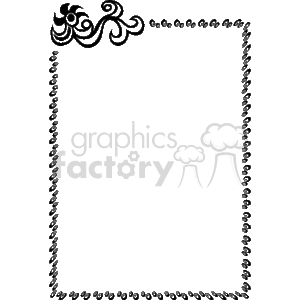 The clipart image features an ornamental border or frame with decorative elements. The top corner showcases a flourish with swirling lines and circular motifs, while the sides and bottom are adorned with a series of smaller circular designs, creating an elegant and symmetrical border around the edge of the image. This type of frame could be used for a variety of design purposes, such as framing certificates, invitations, or pages in a document. The background is transparent, allowing for it to be placed over other images or colored backgrounds.