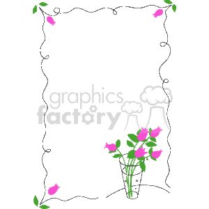 The clipart image shows a decorative frame or border with a floral theme. The border is irregularly shaped with wavy edges and tendrils, possibly vines, running around the frame. At the bottom center, there's a vase of stylized flowers, predominantly in pink, giving the impression of a bouquet. Scattered individual flowers and leaves are also present along the border, enhancing the flower theme of the design. The frame is designed to encompass or highlight content placed within it, such as text or another image.