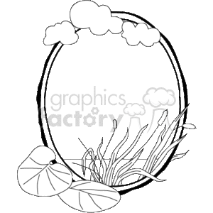 The clipart image features a circular border with a nature theme. Inside the border, the bottom left corner shows a few leaves and what appears to be grass or plant shoots emerging from the ground. In the top right corner, there are three fluffy clouds floating adjacent to the border. The overall design creates a frame that one could use to encapsulate text or other images, with elements suggestive of an outdoor or botanical setting.