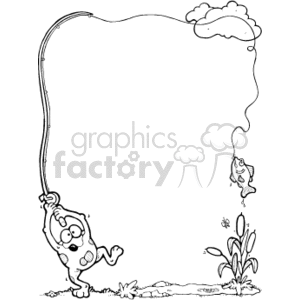   This is a black and white clipart image featuring a country-style scene with a whimsical touch. The illustration includes a frog standing on the ground, holding a fishing rod that curves into a decorative frame or border around the central space of the image. The fishing line dangles from the rod, and at the end of the line, there