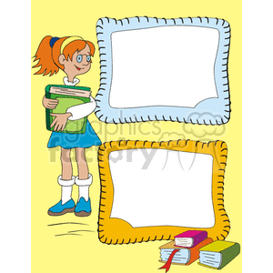 A cute clipart image of a girl with orange hair, glasses, and blue clothing holding books. The image also features two blank frames, one blue and one yellow, and a stack of books at the bottom.