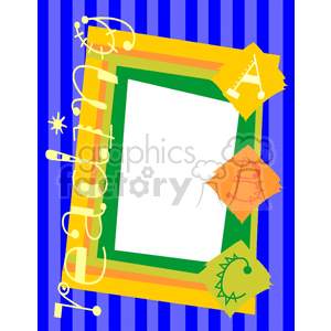 A colorful clipart image featuring a striped blue background with a multicolored rectangular frame in the center. The frame has green, yellow, and orange borders. Inside the frame is a blank white space for inserting text or images. Various letters and geometric shapes, including an 'A,' 'B,' and a symbol, embellish the frame. The word 'Reading' appears vertically along the left side of the frame.