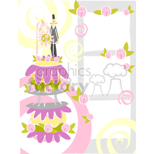 A colorful clipart image of a wedding scene. The illustration features a bride and groom standing on top of a tiered wedding cake adorned with pink flowers. The background includes decorative swirls and a border with floral elements.
