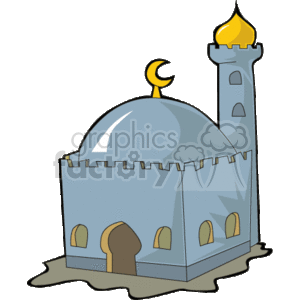 The clipart image depicts a mosque, as indicated by its architectural elements like the dome topped with a crescent moon symbol and a minaret with a crescent moon. The building has an arched doorway and multiple windows, with a classic Islamic design.