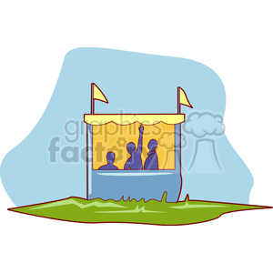 A colorful clipart image of a booth with three silhouettes inside. The booth is adorned with two flags on top and features a grassy area in front with the overall backdrop of a sky.