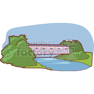 Clipart image of a pink covered bridge over a river surrounded by green trees and bushes under a blue sky.