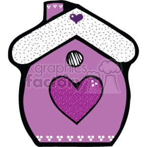   The clipart image depicts a stylized birdhouse. The birdhouse has a country-style design, featuring a purple color scheme with a large heart-shaped opening decorated with polka dots. The roof is white with what looks like a shingle texture, and there