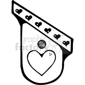The clipart image depicts a birdhouse featuring a country-style design. The birdhouse has a heart-shaped opening and small heart decorations along its extended roof edge. The illustration is in a simple black and white line art style, typical for this type of clip art. There are no actual birds or multiple birdhouses depicted; it's a single birdhouse with decorative elements that suggest a cozy, rustic theme.