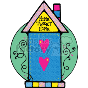 This is a clipart image of a stylized birdhouse with a country-style design. It features a blue main structure adorned with pink heart shapes. The birdhouse has a pointed roof with a pink base that reads Home Tweet Home, a playful pun on the phrase home sweet home. The roof is crowned with a small chimney. Surrounding the blue walls, there are decorative elements like swirls or vines, adding to the whimsical country aesthetic. The birdhouse's base consists of colored rectangles, giving it a look similar to a dollhouse. The overall image conveys a sense of warmth and homeliness, with a clear reference to birds through the birdhouse concept.