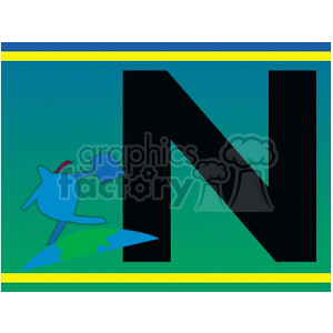 Clipart image of a large letter 'N' with a stylized person holding a briefcase standing on a globe with a blue-green gradient background.