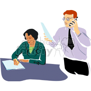 Illustration of a woman writing at a desk while a man stands beside her talking on the phone.