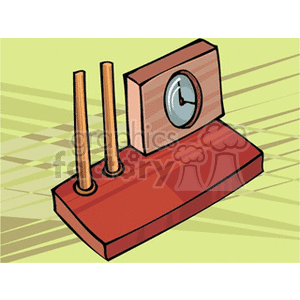 Clipart image of a desk clock with 2 pen holders, set on a wooden base with a green geometric background.