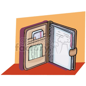 Clipart image of an open leather planner with pockets for cards and notes on one side and a ring binder for paper on the other.