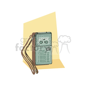 Clipart image of a vintage handheld radio with a strap against a yellow background.