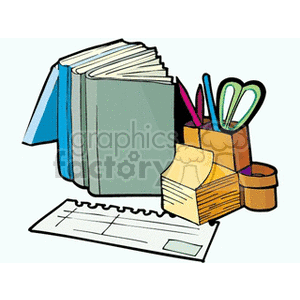 Clipart image of office supplies including books, scissors, pens, a note holder, and a notepad.