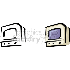 Clipart illustration of two retro computer monitors, one in black-and-white sketch style and the other in color with purple screen.