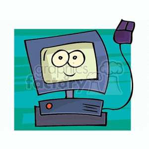 A cheerful cartoon computer with a smiling face and a connected mouse, set against a blue background.