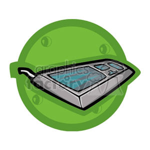 Clipart of a gray computer keyboard with blue buttons on a green circular background.