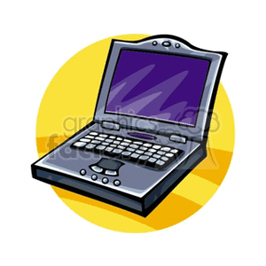 Clipart illustration of a laptop with a purple screen and yellow circle background.