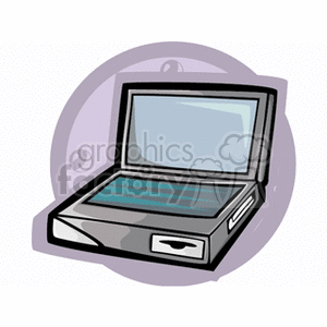 Clipart of an open laptop with a purple circular background.